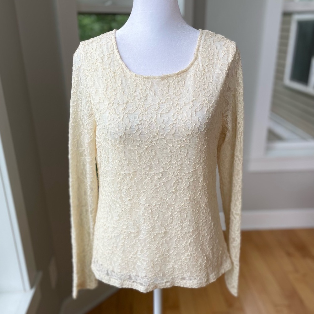 Vintage White Stag Ivory Lace Scoop Neck Long Sleeve Top Sheer Sleeves Small